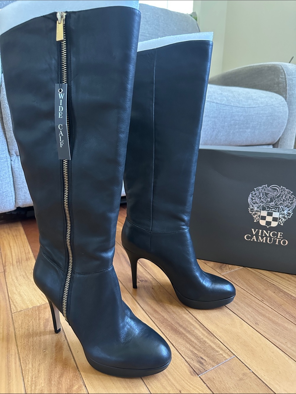 NWT Vince Camuto Emilian Black Leather High Heel Knee Boots - Size 9 Wide Calf